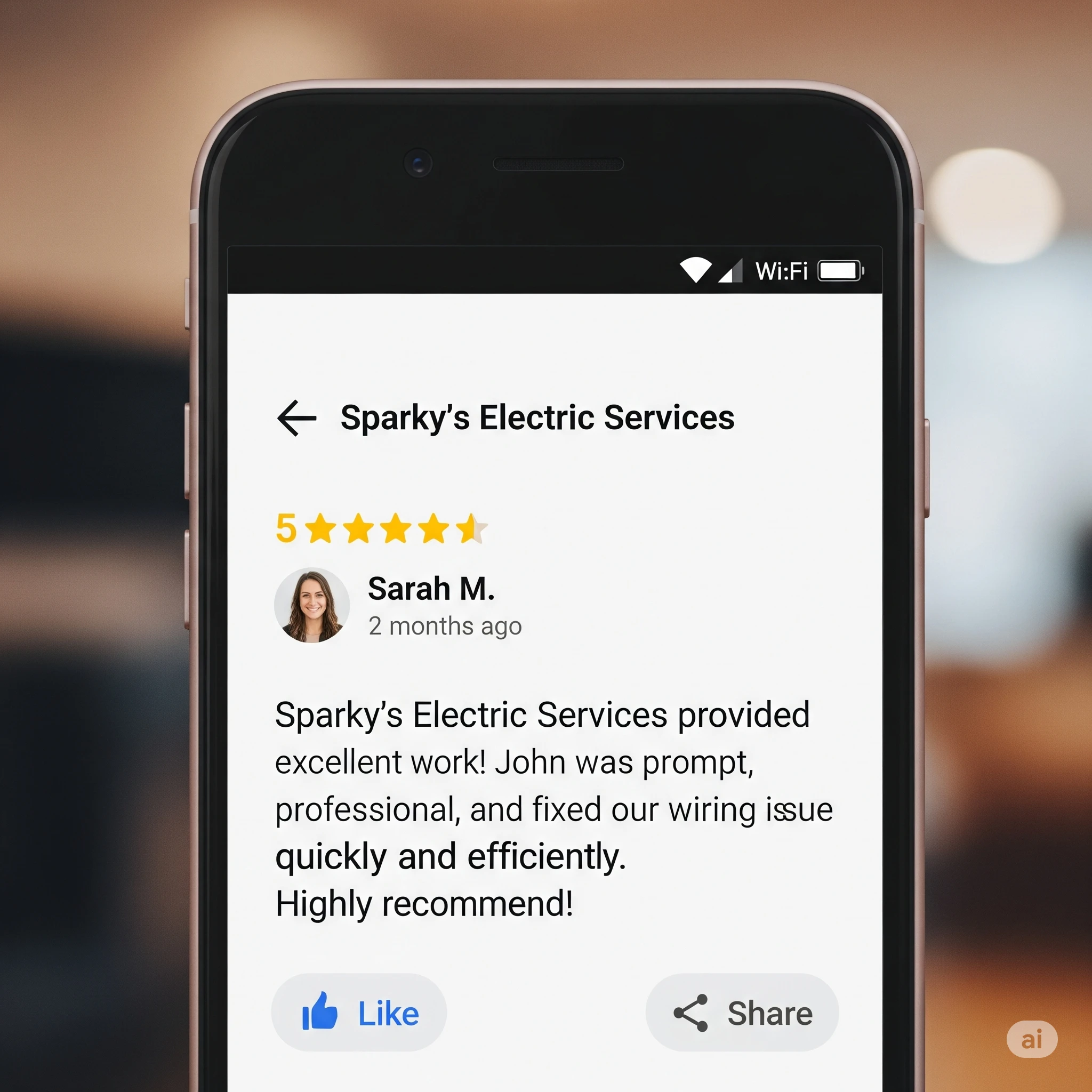 Example of a 5-star Google review for a local electrician
